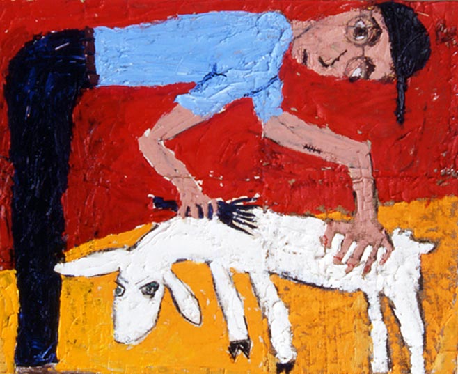 Self Portrait Shearing Sheep (1992 26x32 oil on canvas on board) painting by Jerry Iverson