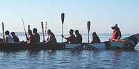 Canoe in water, with painted sides and paddles